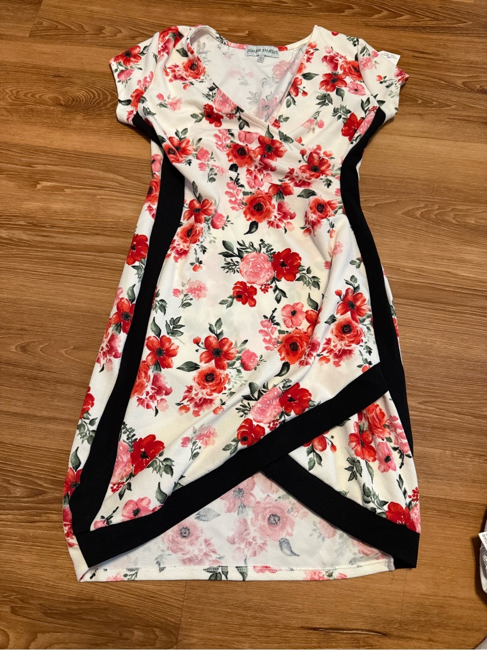 Charlotte Russe White Floral Mini Dress with Red Flowers and Black Panels